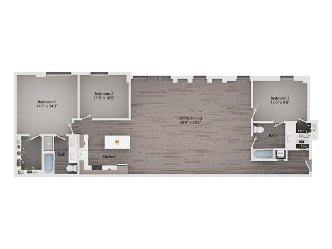 3 Bedroom, 2 Bath E 107 floor plan